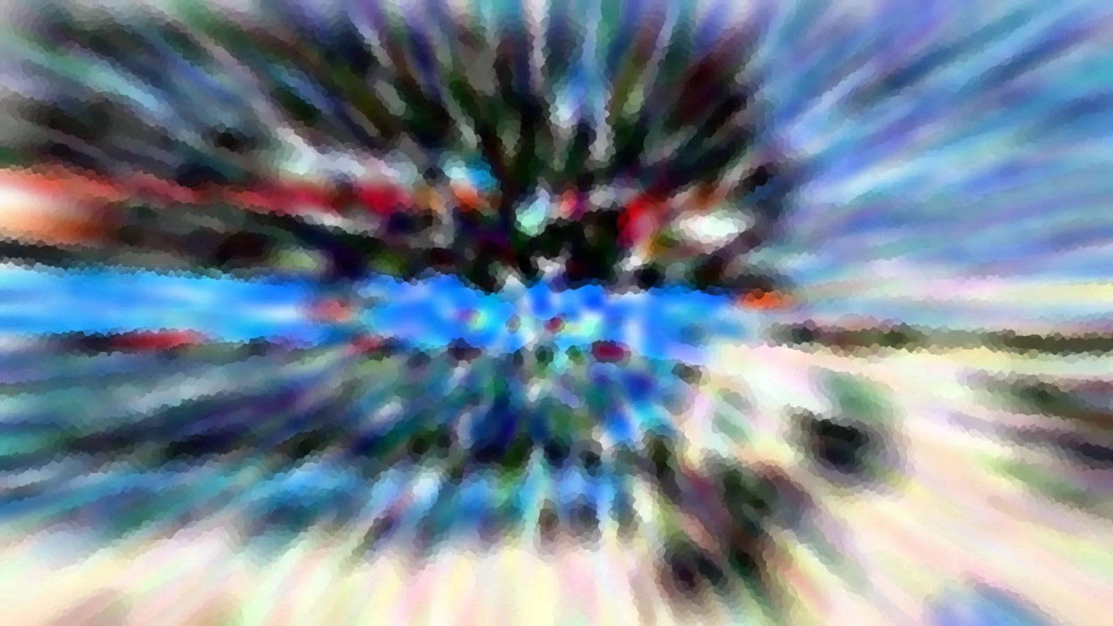 Abstrakte Komposition aus radial verwischten Farbbahnen in Blau, Rot und Grün mit mosaikartiger Körnung, im Zentrum ein dunkler Strudel.