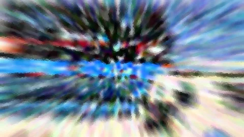 Abstrakte Komposition aus radial verwischten Farbbahnen in Blau, Rot und Grün mit mosaikartiger Körnung, im Zentrum ein dunkler Strudel.