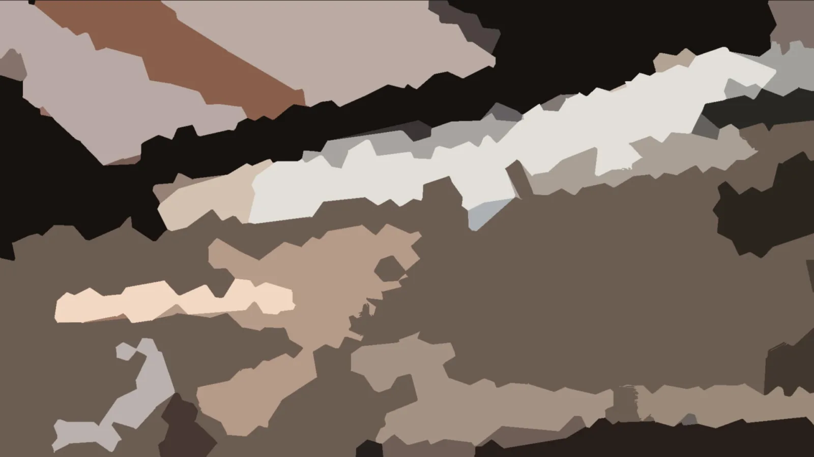 Abstrakte Komposition aus unregelmäßigen Farbflächen in Braun, Beige, Weiß und Schwarz, die diagonal von links oben nach rechts oben verlaufen.