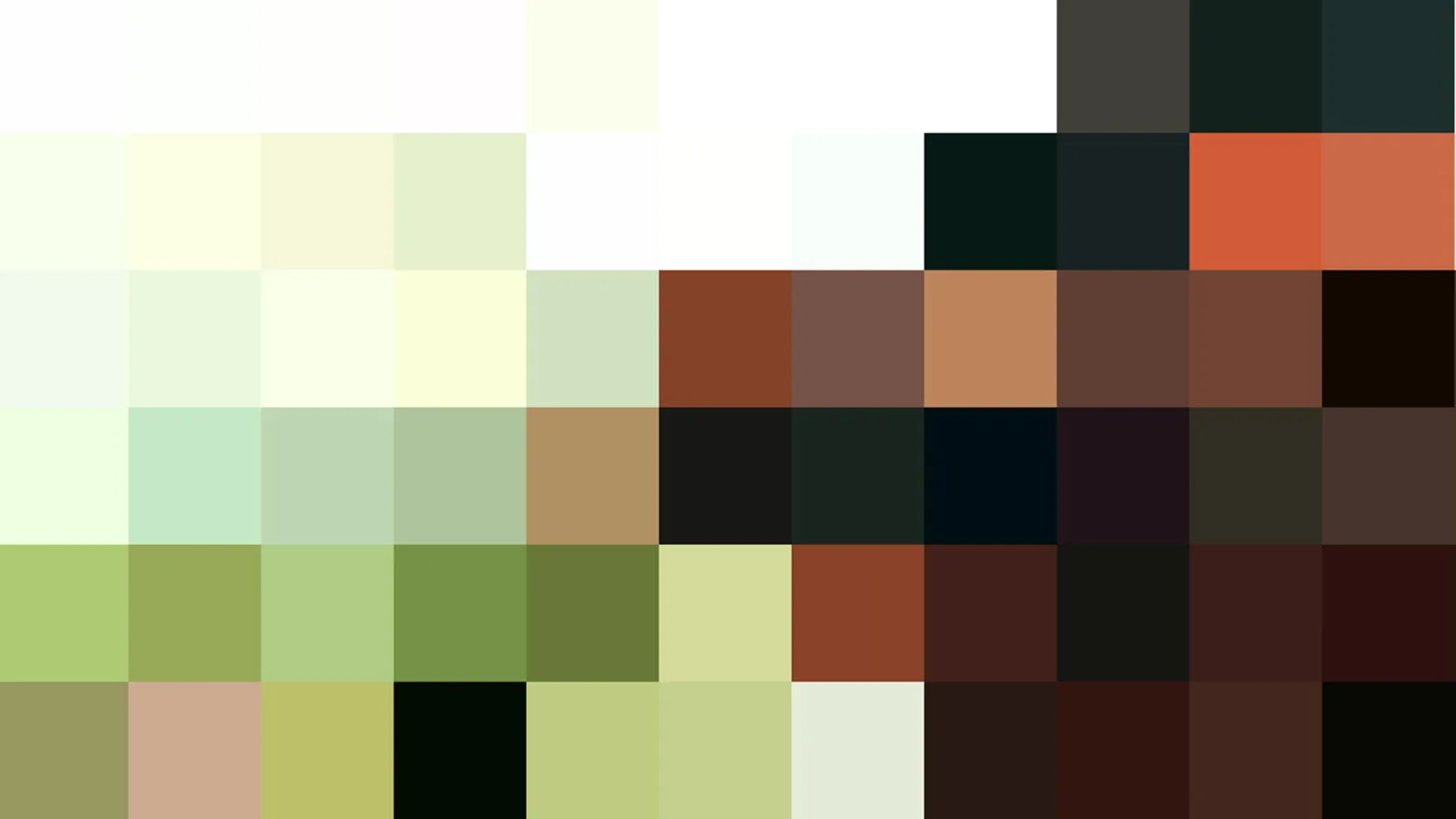 Rechteckiges Raster aus farbigen Quadraten in Weiß, Hellgrün, Olivgrün, Braun, Rostrot und Schwarz, das an ein vergrößertes Pixelbild erinnert.