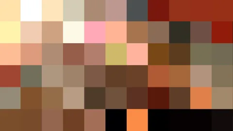 Rechteckiges Raster aus farbigen Pixelfeldern in Beige, Braun, Rot, Orange und Schwarz, oben heller, unten dunkler.