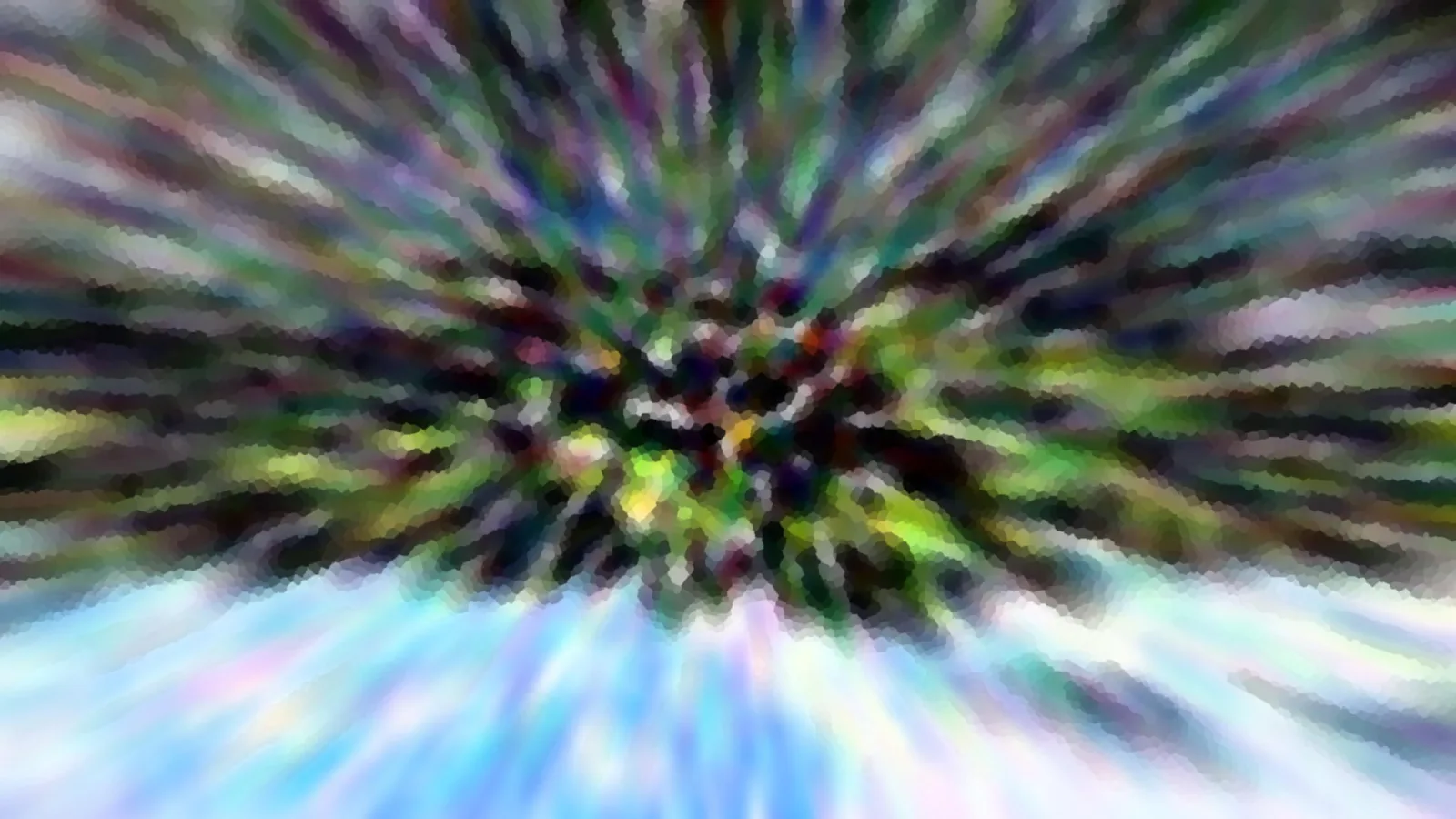Abstrakte Komposition mit radial von der Mitte ausstrahlenden, verwischten Streifen in Grün, Lila und Blau, unten hellblau und hell ausgeleuchtet.