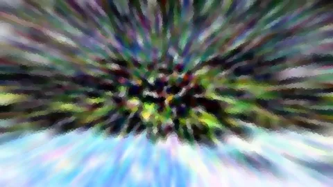 Abstrakte Komposition mit radial von der Mitte ausstrahlenden, verwischten Streifen in Grün, Lila und Blau, unten hellblau und hell ausgeleuchtet.