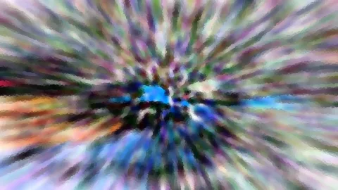 Abstrakte, bunte Farbstreifen laufen radial auf ein blaues Zentrum in der Bildmitte zu, unscharf verwischt.