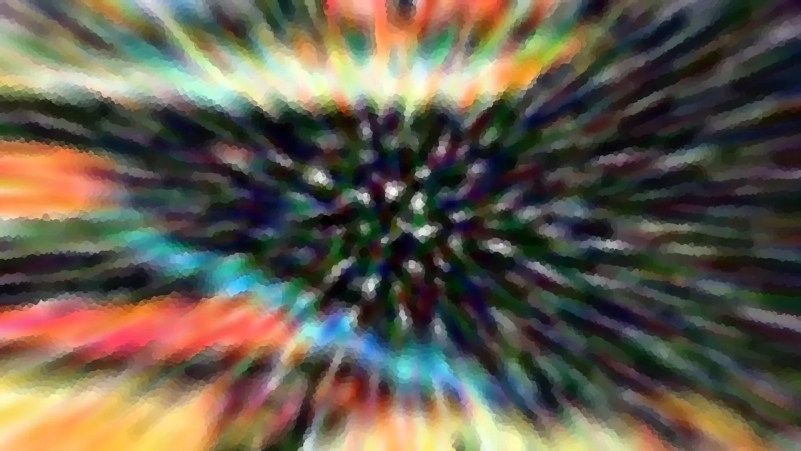 Abstrakte Komposition mit radial nach außen laufenden Streifen in Rot, Orange, Gelb, Blau und Grün, im Zentrum ein dunkler, sternförmiger Punkt.