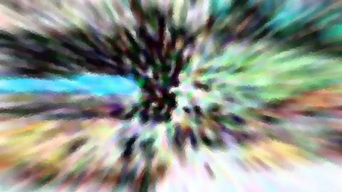 Abstrakte Komposition aus bunten, radial vom Zentrum nach außen laufenden Farbstreifen in Grün, Blau, Violett und Weiß, mosaikartig verpixelt.
