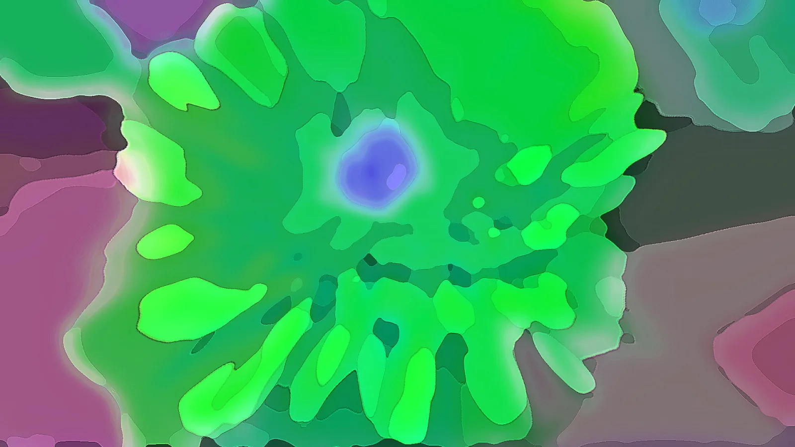 Abstraktes Bild mit grünen, spritzerartigen Formen um einen violetten Kern, an den Rändern Pink, Lila und dunkles Grau.