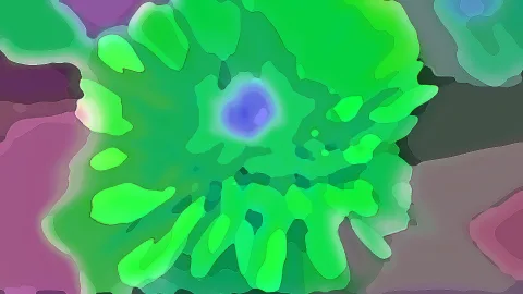 Abstraktes Bild mit grünen, spritzerartigen Formen um einen violetten Kern, an den Rändern Pink, Lila und dunkles Grau.