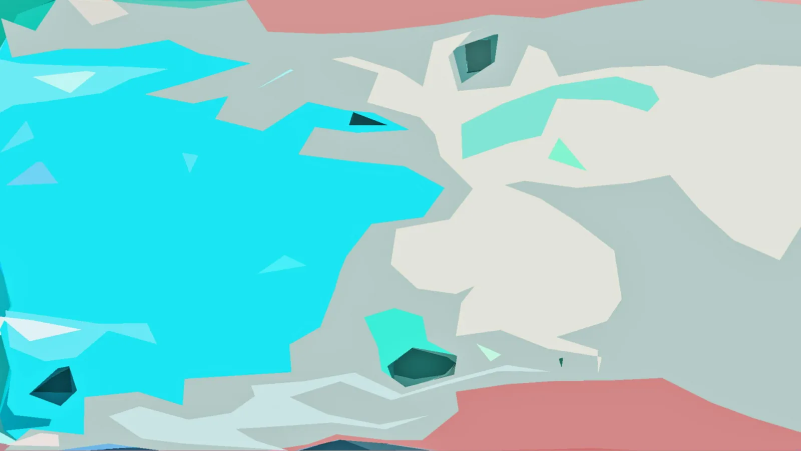 Abstrakte Komposition aus kantigen, flächigen Formen in Cyan, Türkis, Hellgrau und Korallrot, mit dunklen Dreiecken als Akzenten.
