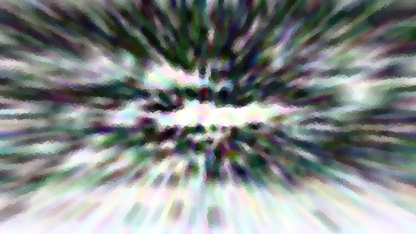 Abstrakte Komposition mit radial von der Mitte nach außen laufenden Streifen in Grün, Violett und Weiß, pixelig gerastert.