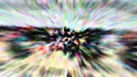 Abstrakte Komposition aus bunten, radial nach außen laufenden Farbstrahlen mit grobem Mosaikraster. Im Zentrum ein dunkler, unscharfer Bereich mit der Andeutung von Hügeln am Horizont.