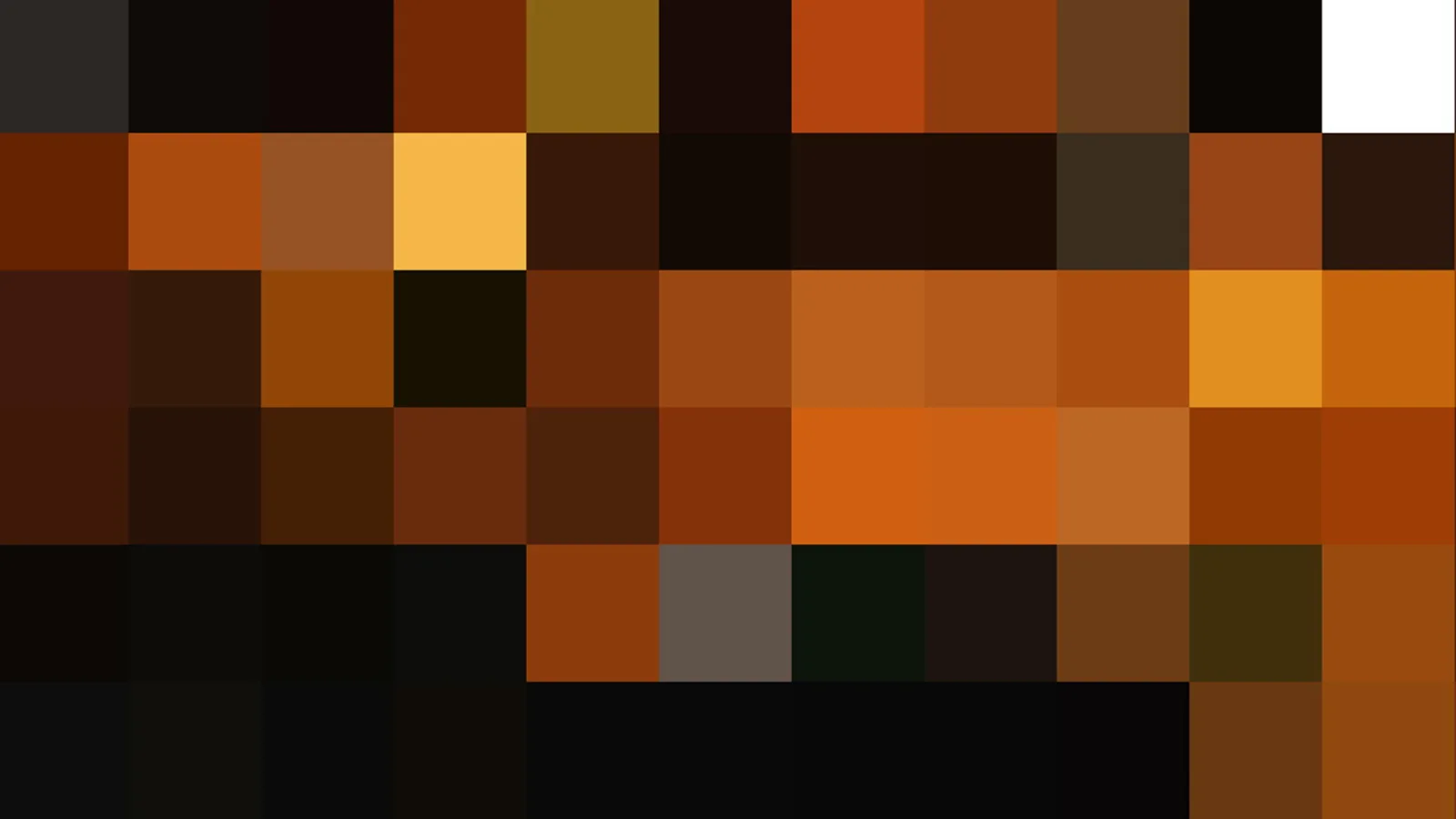 Pixelmosaik aus rechteckigen Feldern in Orange, Braun und Schwarz, unten ein dunkler Streifen, oben rechts ein weißes Feld.