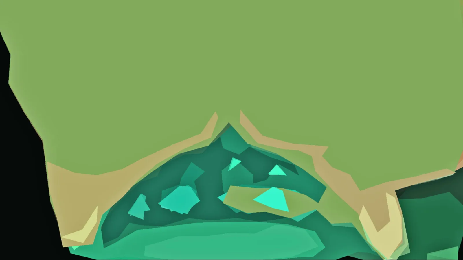 Abstrakte Landschaft aus grünen und türkisfarbenen Dreiecksflächen, mit einem dunklen Hügel in der Mitte, einem sandfarbenen Pfad und einer großen hellgrünen Fläche im oberen Bereich.