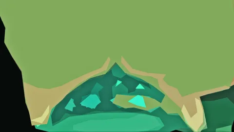 Abstrakte Landschaft aus grünen und türkisfarbenen Dreiecksflächen, mit einem dunklen Hügel in der Mitte, einem sandfarbenen Pfad und einer großen hellgrünen Fläche im oberen Bereich.