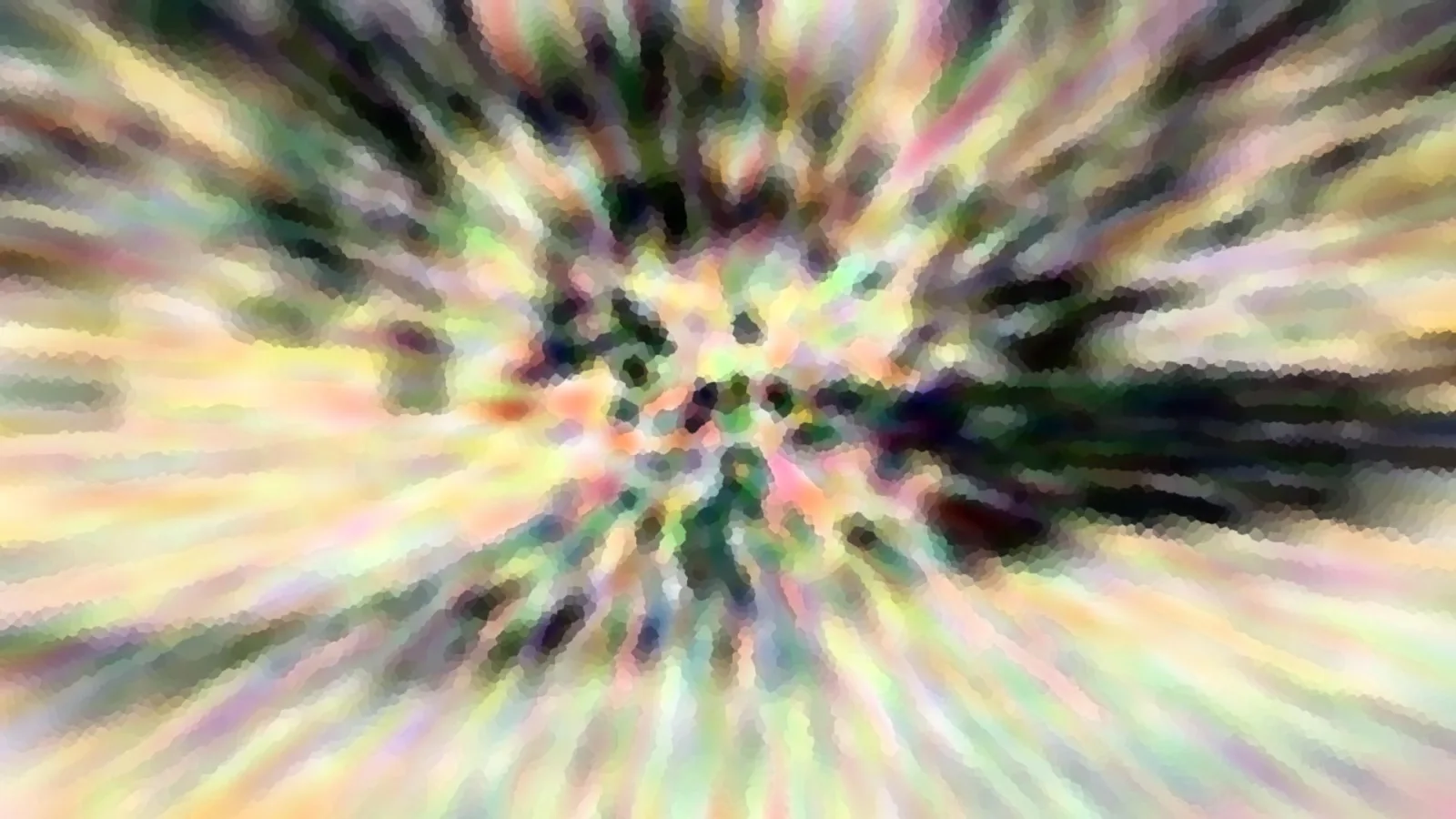 Abstrakte Komposition mit radial von der Mitte nach außen laufenden pastellfarbenen Streifen und dunklen Flecken um ein helles Zentrum.