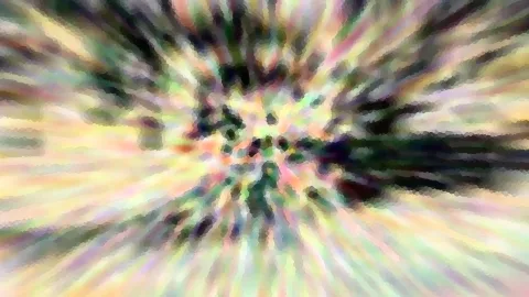 Abstrakte Komposition mit radial von der Mitte nach außen laufenden pastellfarbenen Streifen und dunklen Flecken um ein helles Zentrum.