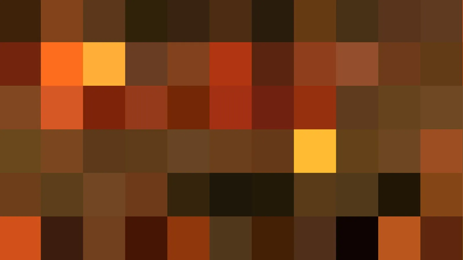 Abstraktes Mosaik aus quadratischen Pixelblöcken in Braun, Orange und Ocker, mit einzelnen roten und gelben Akzenten.