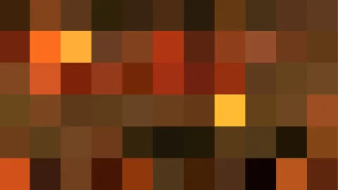Abstraktes Mosaik aus quadratischen Pixelblöcken in Braun, Orange und Ocker, mit einzelnen roten und gelben Akzenten.