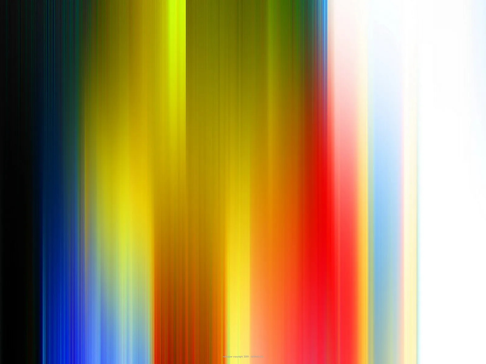 Abstrakte Komposition aus vertikalen, verwischten Farbstreifen in Gelb, Grün, Blau, Orange, Rot und Weiß, links dunkel, rechts hell.