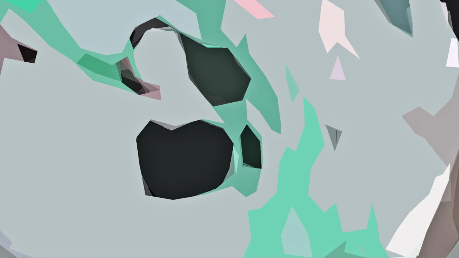 Abstrakte 3D-Komposition aus mintgrünen, grauen und dunklen Flächen mit scharfkantigen Formen und einzelnen rosa und weißen Dreiecken.
