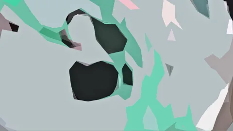 Abstrakte 3D-Komposition aus mintgrünen, grauen und dunklen Flächen mit scharfkantigen Formen und einzelnen rosa und weißen Dreiecken.