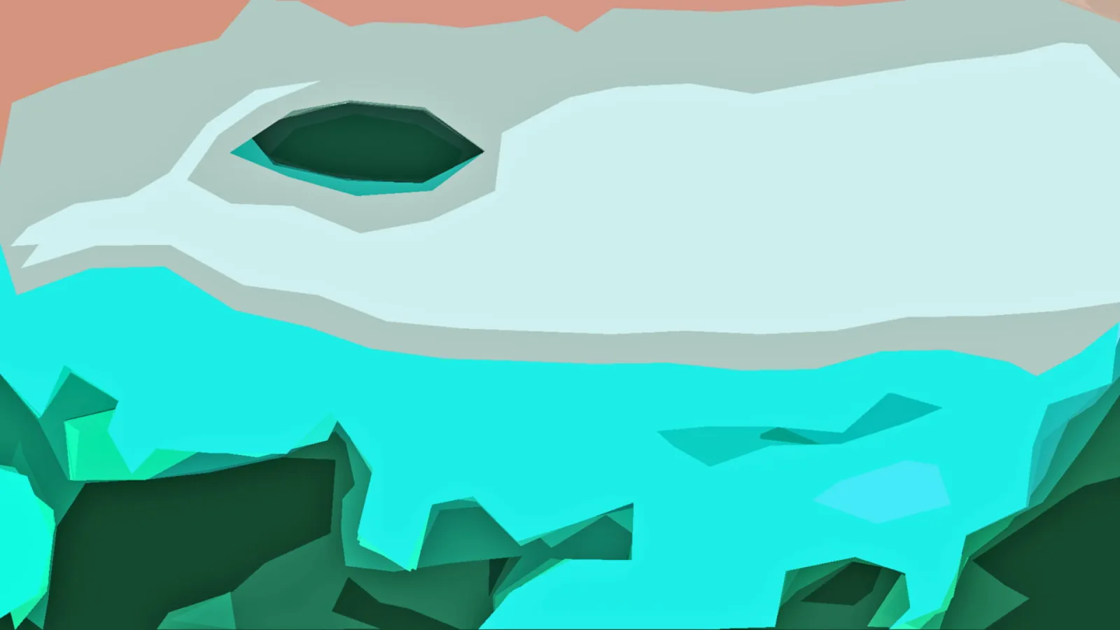 Abstrakte Low-Poly-Komposition in Türkis, Grau und Mintgrün mit einer dunkelgrünen, mandelförmigen Öffnung links oben und einem lachsfarbenen Hintergrund.