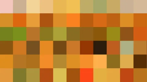 Abstraktes Raster aus farbigen Quadraten in Gelb, Orange, Ocker, Olivgrün und Braun, dazwischen ein paar helle Rosa- und Grautöne.