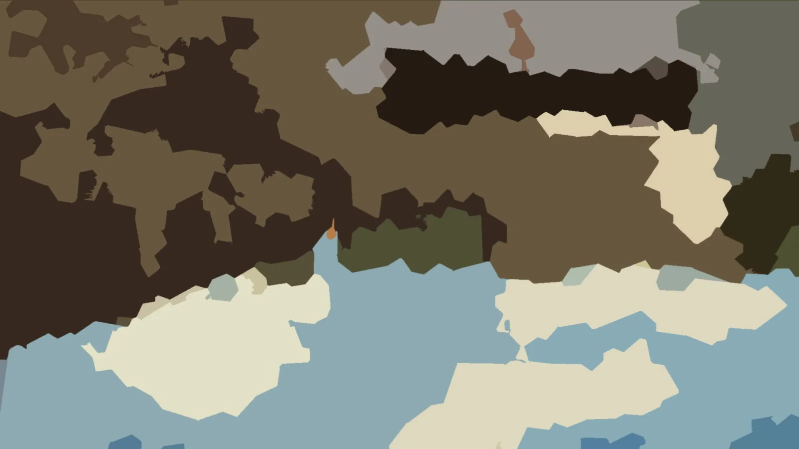Abstrakte Komposition aus flachen, unregelmäßigen Formen in Braun, Creme und Blaugrau, darunter eine kleine orangefarbene Figur am Übergang zwischen dunklen und hellen Flächen.