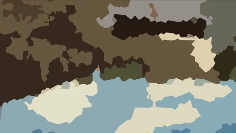 Abstrakte Komposition aus flachen, unregelmäßigen Formen in Braun, Creme und Blaugrau, darunter eine kleine orangefarbene Figur am Übergang zwischen dunklen und hellen Flächen.