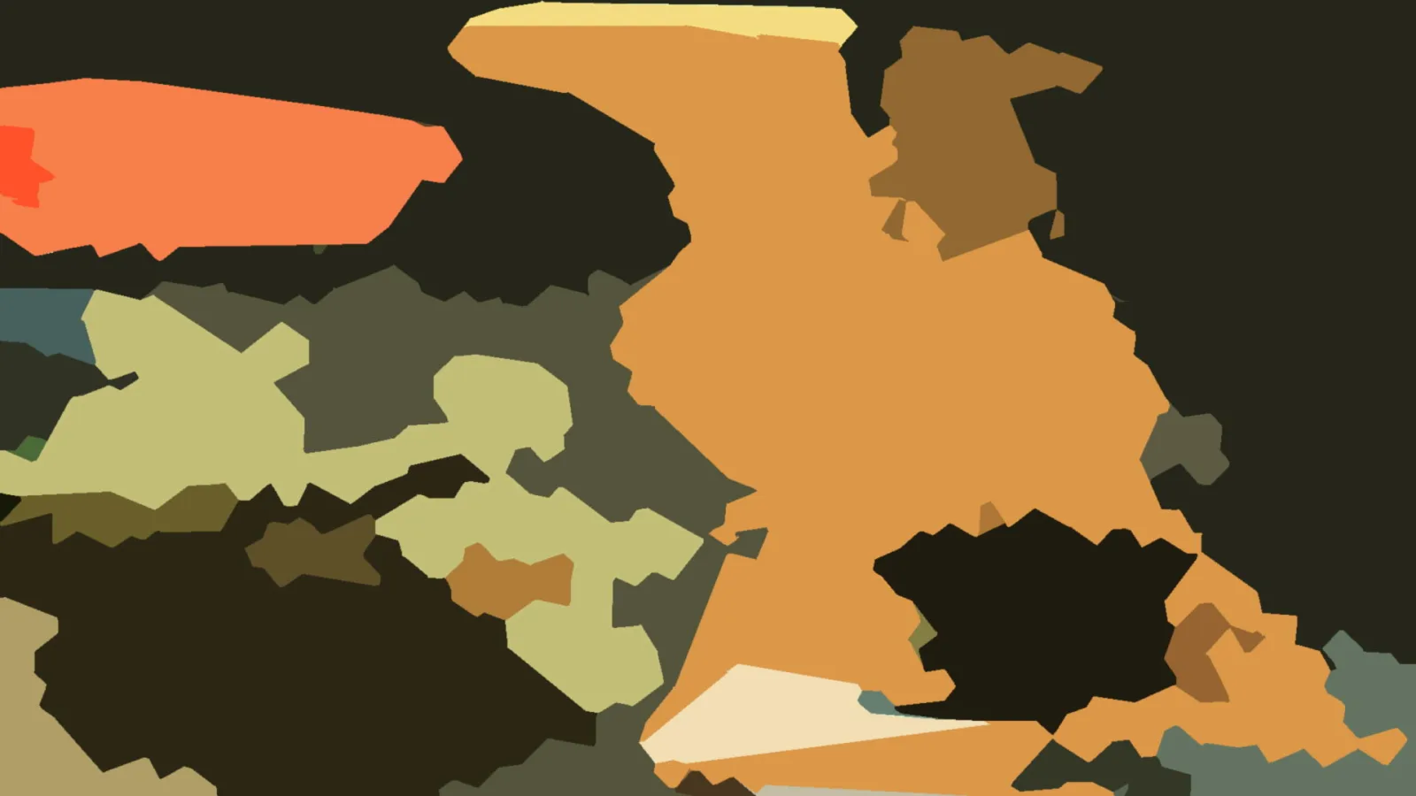 Abstrakte Komposition aus orangen, ockerfarbenen, olivgrünen und dunklen Flächen mit kantigen Umrissen auf dunklem Grund.
