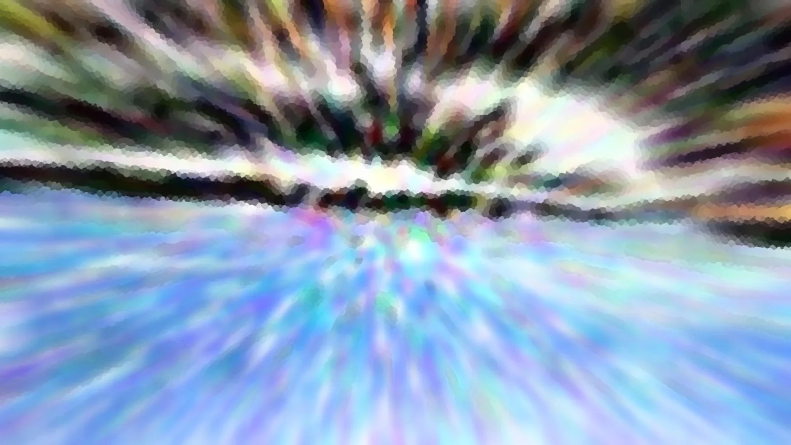 Abstrakte Komposition mit radialen Farbstreifen, die von einem Zentrum ausgehen. Oben dominieren Grün, Braun und Weiß, unten ein helles Blau mit Lila, dazwischen eine dunkle horizontale Linie. Das Bild wirkt wie mit einem Mosaikfilter verpixelt.