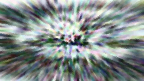 Abstrakte Komposition mit radial von der Mitte nach außen laufenden, verwischten Streifen in Grün, Lila und Weiß, die pixelig wirken.