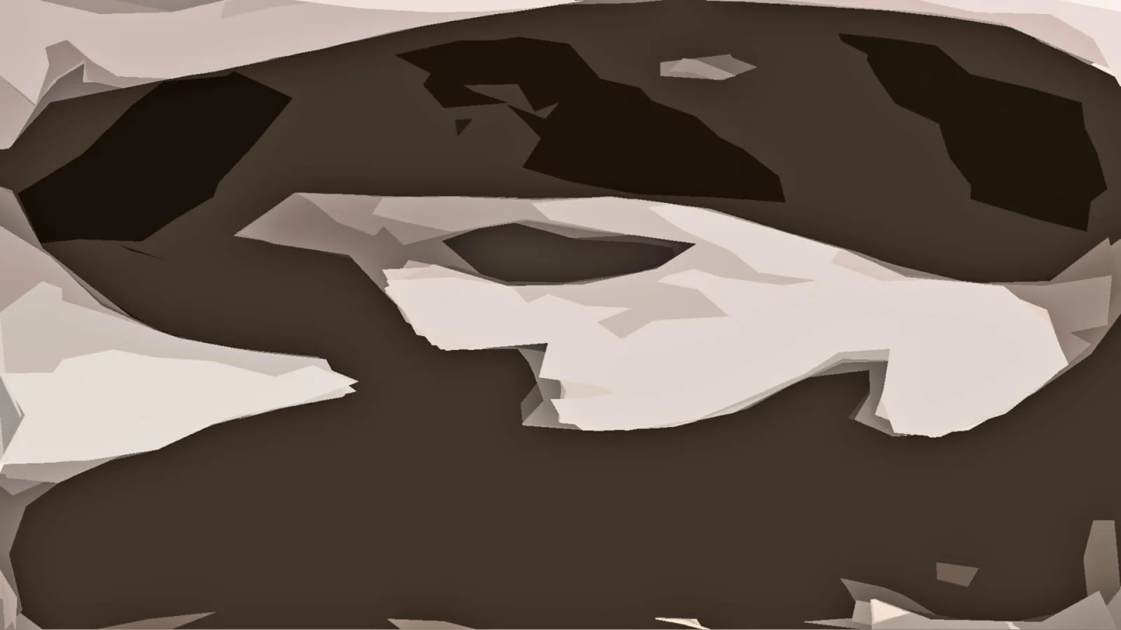 Abstrakte Low-Poly-Komposition in Braun und Cremeweiß mit dunklen Flächen und hellen, kantigen Formen.