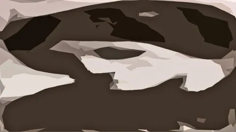 Abstrakte Low-Poly-Komposition in Braun und Cremeweiß mit dunklen Flächen und hellen, kantigen Formen.