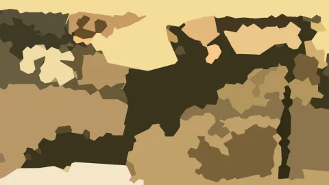 Abstrakte Komposition aus unregelmäßigen, polygonalen Flächen in Beige, Braun und Dunkelbraun, am oberen Rand heller Hintergrund.
