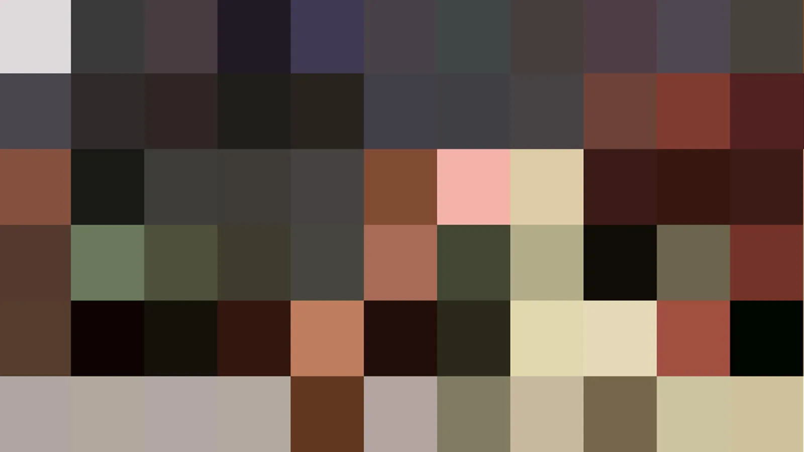 Abstraktes Raster aus unregelmäßigen Farbblöcken in Braun, Grau, Beige, Grün und Rot.