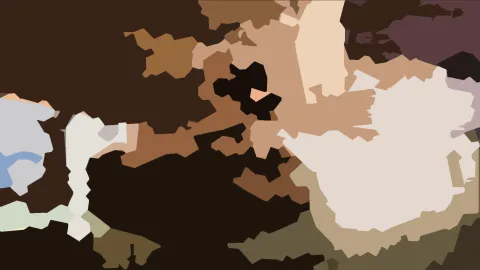 Abstrakte Komposition aus braunen, beigen und weißen Farbflächen mit schwarzen Formen in der Mitte