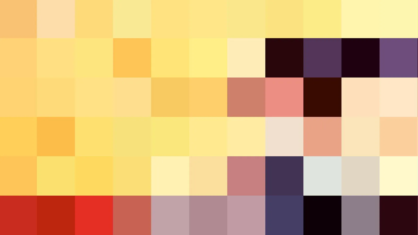 Abstraktes Mosaik aus farbigen Quadraten, oben gelb und orange, unten rot und dunkellila.