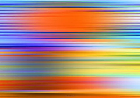 Abstraktes Bild aus horizontalen, verwischten Farbstreifen in Orange, Blau, Gelb und Grün, mit einem breiten orangefarbenen Bereich in der oberen Hälfte.