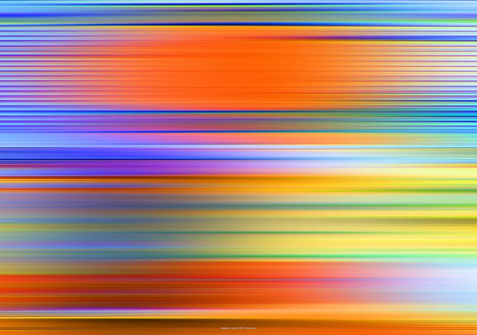 Abstraktes Bild aus horizontalen, verwischten Farbstreifen in Orange, Blau, Gelb und Grün, mit einem breiten orangefarbenen Bereich in der oberen Hälfte.