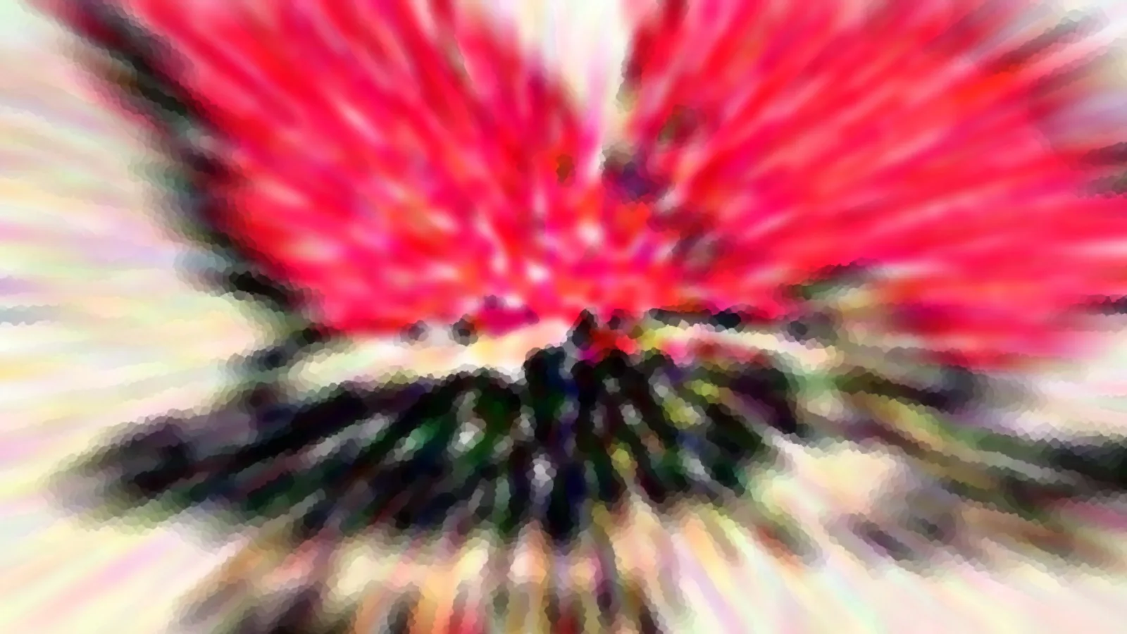 Abstrakte Komposition mit radialer Unschärfe: oben leuchtendes Rot, unten dunkle Grün- und Schwarztöne, an den Rändern helle Pastellfarben.