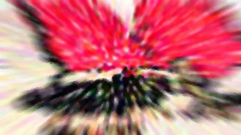 Abstrakte Komposition mit radialer Unschärfe: oben leuchtendes Rot, unten dunkle Grün- und Schwarztöne, an den Rändern helle Pastellfarben.