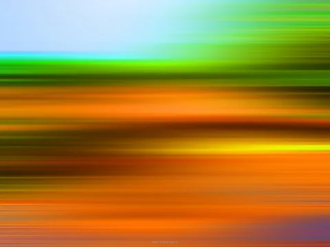 Abstrakte Komposition aus horizontalen, verwischten Streifen in Grün, Orange, Gelb und Hellblau, von oben nach unten angeordnet.