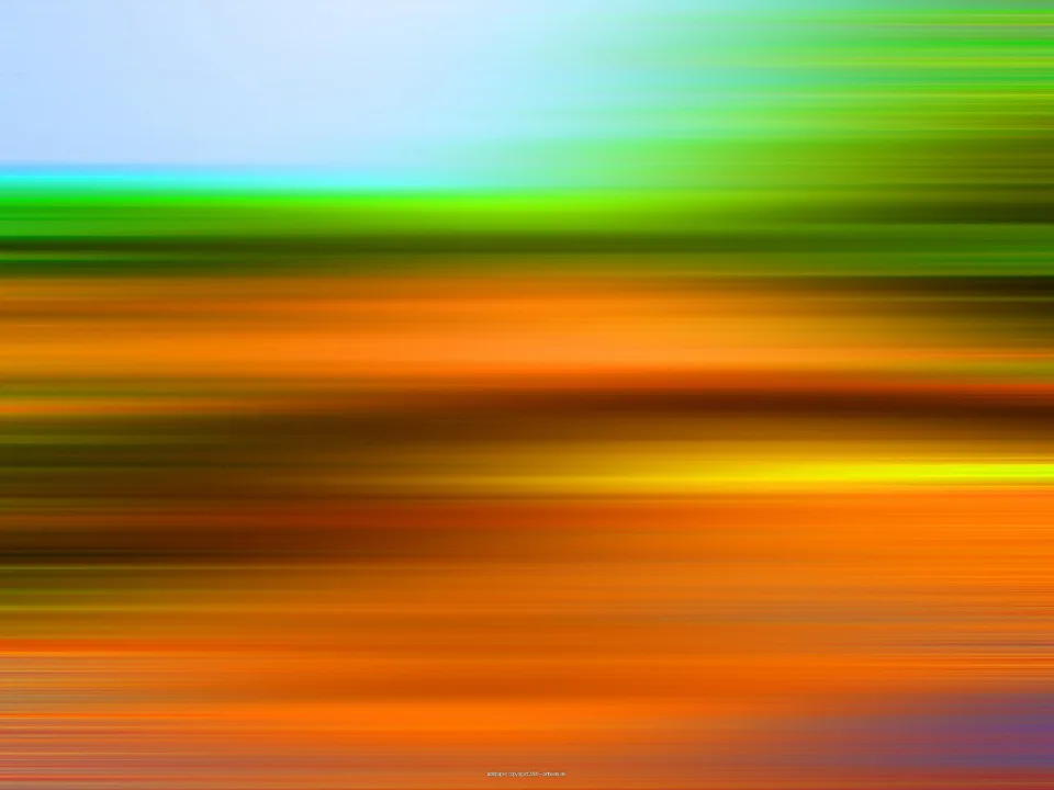 Abstrakte Komposition aus horizontalen, verwischten Streifen in Grün, Orange, Gelb und Hellblau, von oben nach unten angeordnet.