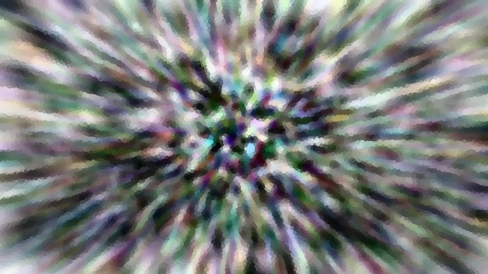 Abstraktes Bild mit bunten, von der Mitte nach außen laufenden Schlieren in Grün, Violett und Weiß, grob verpixelt wirkend.