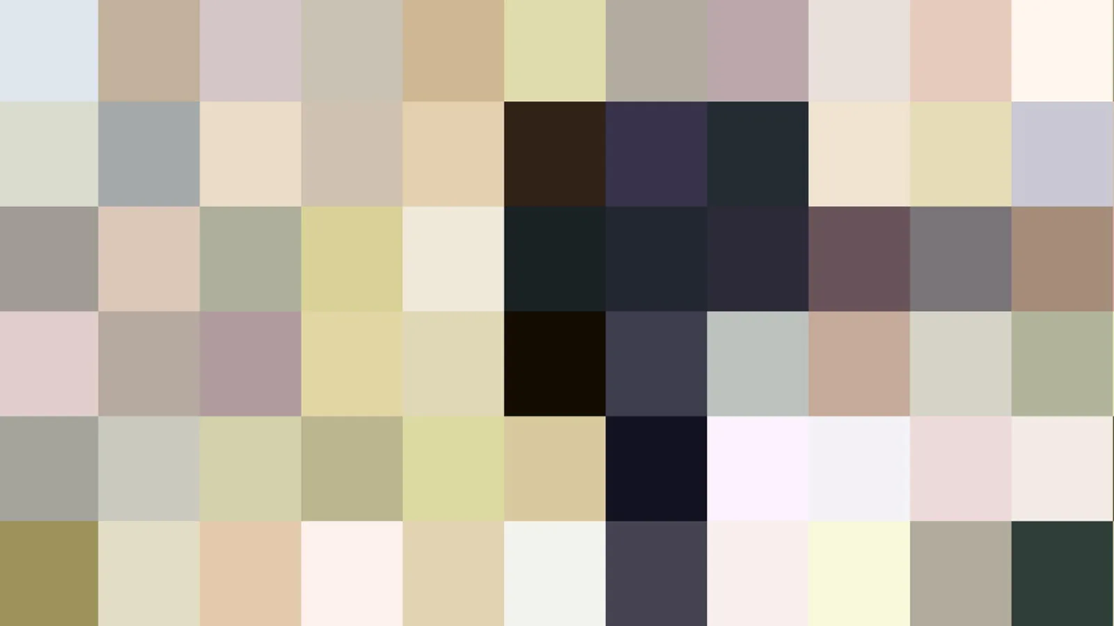 Raster aus quadratischen Farbfeldern in hellen Pastelltönen, unterbrochen von dunklen Blöcken in Schwarz, Nachtblau und Anthrazit.
