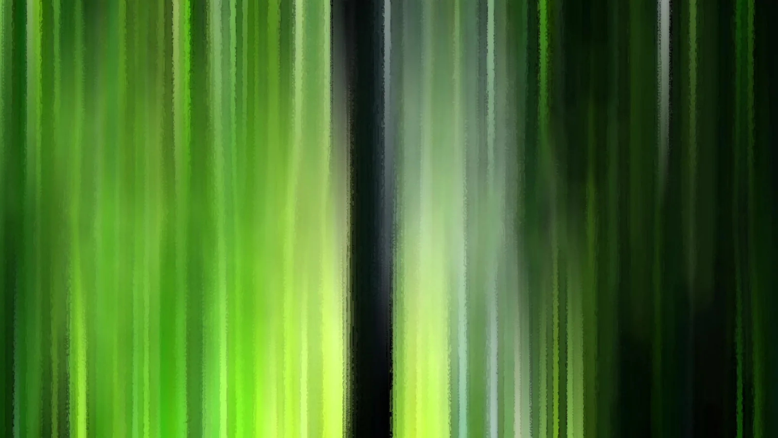 Abstrakte Komposition aus vertikalen, unscharfen Streifen in verschiedenen Grüntönen, von dunklem Waldgrün bis hellem Limettengelb, durchzogen von einem schwarzen Streifen in der Mitte.