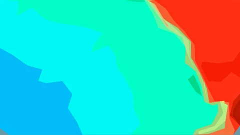 Abstrakte Komposition aus großen, kantigen Farbflächen in Cyan, Türkis, Hellgrün, Orange und Rot, mit einer diagonalen Übergangszone zwischen Grün und Rot.