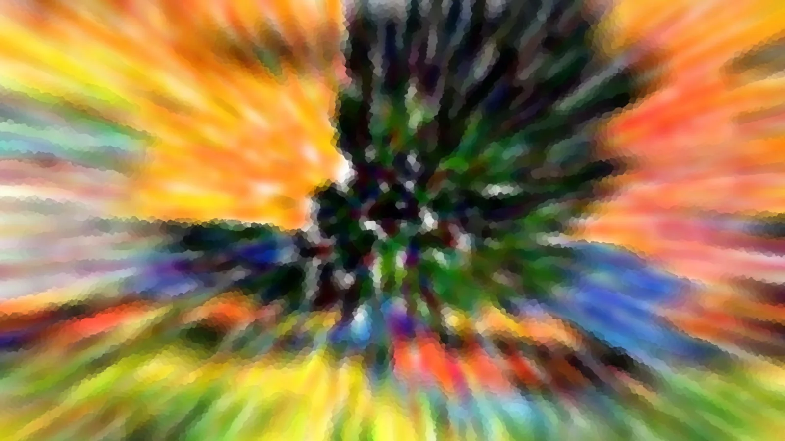 Radial verwischte Farbstriche in Orange, Gelb, Grün und Blau, in der Mitte ein dunkler, fleckiger Kern.