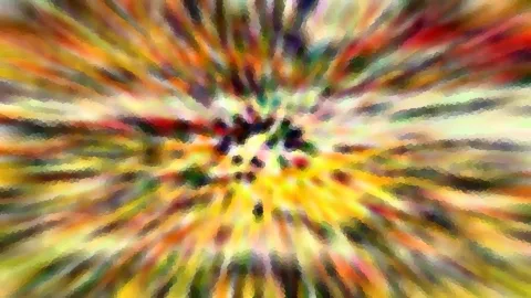 Abstrakte Komposition aus bunten gelben, roten und grünen Streifen, die radial von einem dunklen Zentrum nach außen laufen, mosaikartig gepixelt.